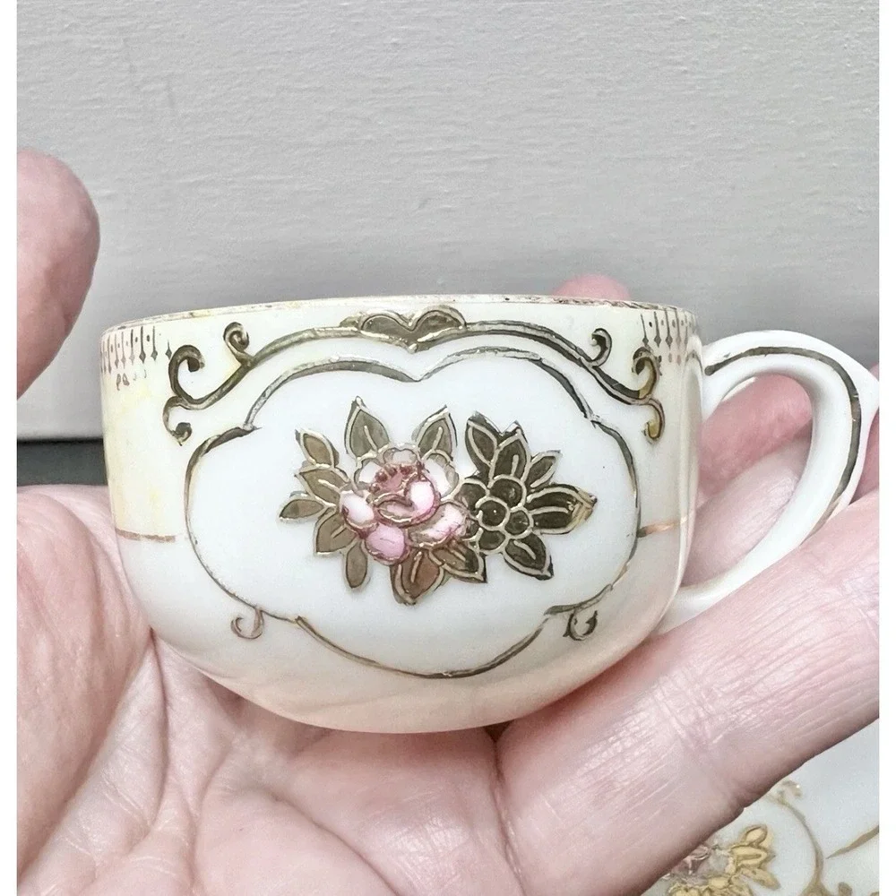 Vintage Occupied Japan Hand Painted Gold China Teacup & Saucer Pink Floral
